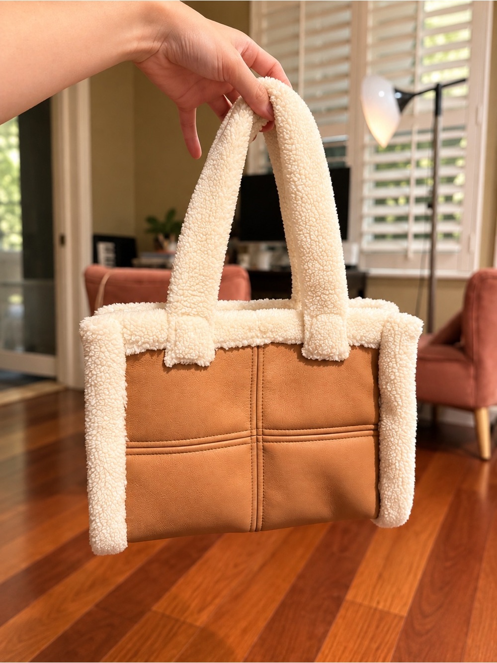 Stand Studio Tan Tote with Cream Sherpa Trim